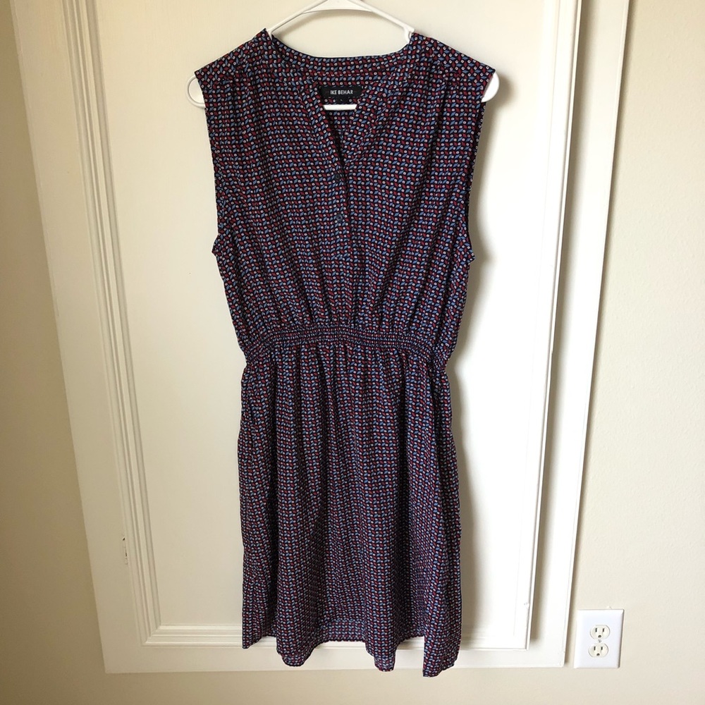 Ike Behar Blue Red White Sleeveless Elastic Waist Summer Dress Large L